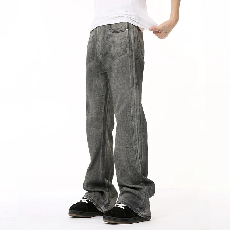 Male Grey Black Denim Pants New Worn-out Washed Loose Straight Wide Leg Boot Cut Men‘s Jeans Summer Fashion 9C6682