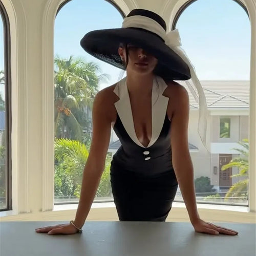 Load image into Gallery viewer, Halter Backless Sexy Maxi Dress For Women Gown Contrast Color Notched Collar Sleeveless Bodycon Club Party Tank Dress
