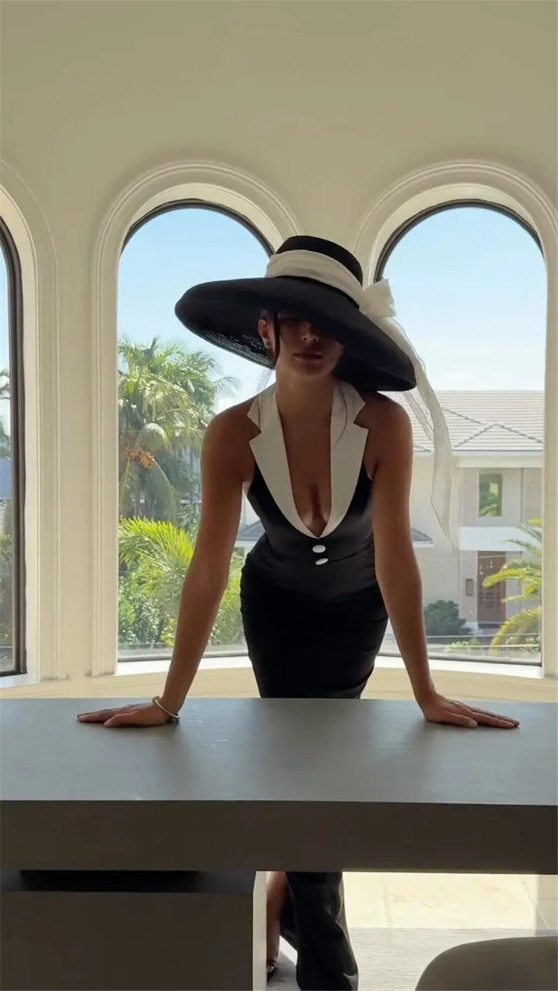 Halter Backless Sexy Maxi Dress For Women Gown Contrast Color Notched Collar Sleeveless Bodycon Club Party Tank Dress