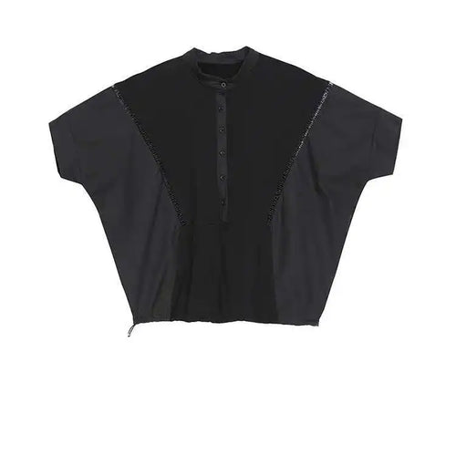 Load image into Gallery viewer, Women Black Color-block Big Size T-shirt New Stand Collar Half Batwing Sleeve Fashion Tide Spring Summer 2025 1DE9318
