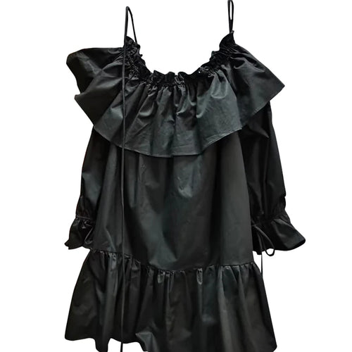 Load image into Gallery viewer, Solid Spliced Ruffles Loose Dresses For Women Slash Neck Long Sleeve High Waist Temperament Mini Dress Female New
