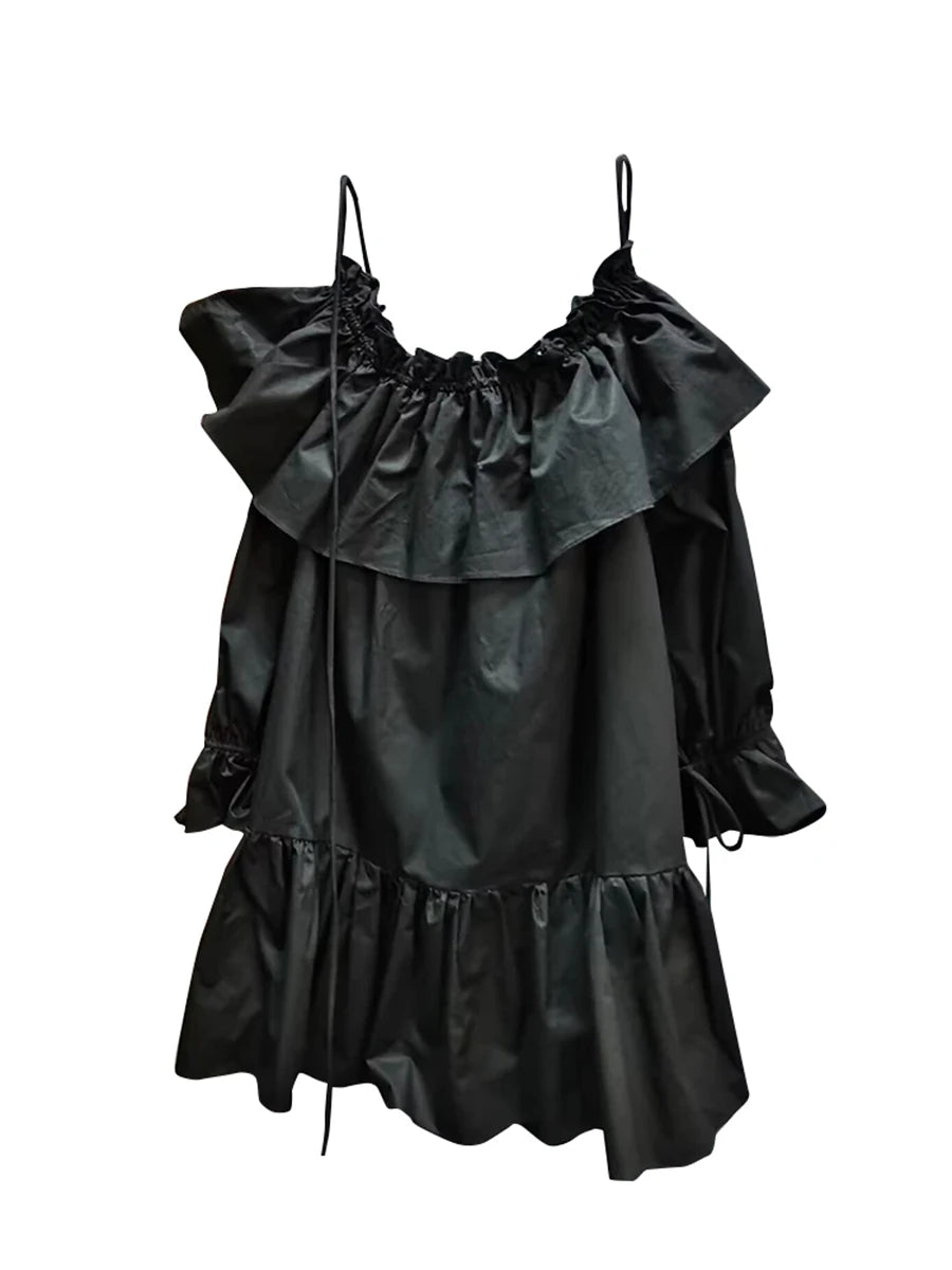 Solid Spliced Ruffles Loose Dresses For Women Slash Neck Long Sleeve High Waist Temperament Mini Dress Female New