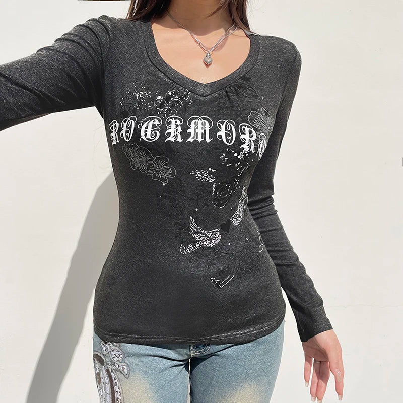 Vintage Y2K Graphic Printed Women Tee Shirt Spring Autumn 2000s Aesthetic Slim Sweats Top Pullover Harajuku Outfits