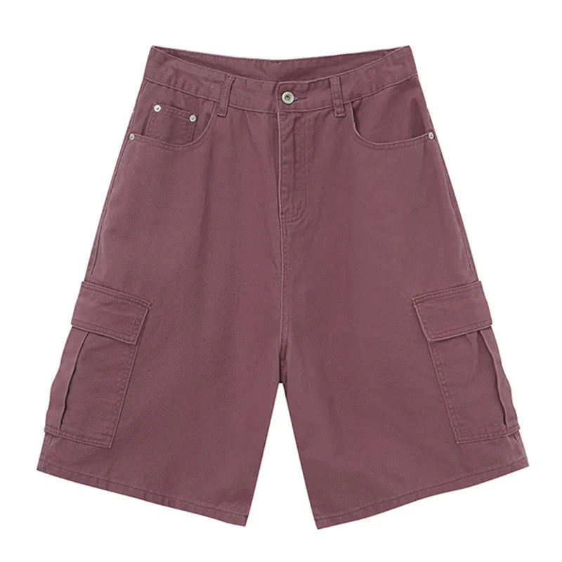 Summer New Trendy Men's Denim Shorts Retro Washed Wide Leg Short Jeans Straight Solid Color Male Casual Bottoms 9C6402