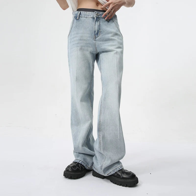 Simple Men's Denim Pants Men's Wea Summer American Style Casual Light Blue Washed Micro Boot-cut Jeans Trendy 9C5978