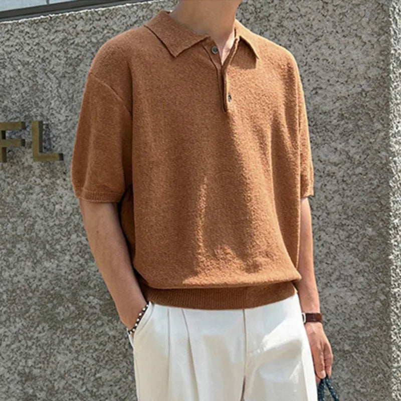 Short Leeved Men's T-shirt Korean Style  Simple Retro Kniting Lapel Trend Fashion Loose Casual Male Top 9C5632