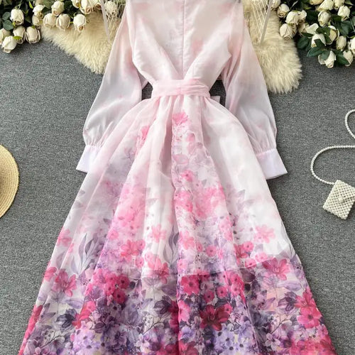 Load image into Gallery viewer, Autumn 2024 Retro Fashion Pink Flower Single Breasted Elegant Long Dress Women Blue Stand Neck Long Sleeve Print Bohemian Dress

