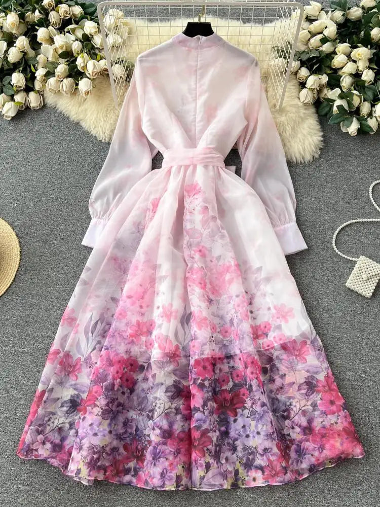 Autumn 2024 Retro Fashion Pink Flower Single Breasted Elegant Long Dress Women Blue Stand Neck Long Sleeve Print Bohemian Dress