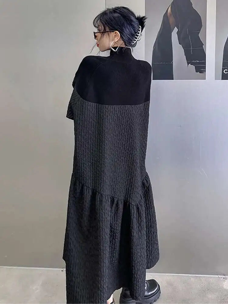 Women Black Knitting Big Size Long Dress New Turtleneck Long Sleeve Loose Fit Fashion Tide Spring Autumn 2025 1DH0797