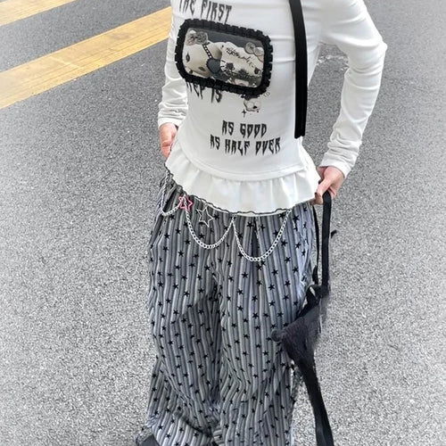 Load image into Gallery viewer, Harajuku Cartoon Print Cute T-shirts Streetwear Slim Fit Y2k Aesthetic Ruffled Autumn Shirts Women Grunge BLace Patchwork Tops
