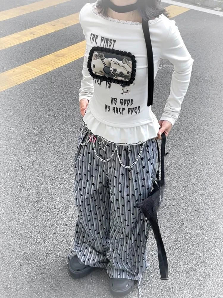Harajuku Cartoon Print Cute T-shirts Streetwear Slim Fit Y2k Aesthetic Ruffled Autumn Shirts Women Grunge BLace Patchwork Tops