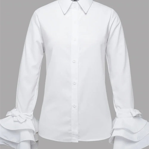 Load image into Gallery viewer, Fashion Elegant Blouses Bow-Embellished Falbala Solid Color Flared Sleeves Lapel Shirts Tops For Women

