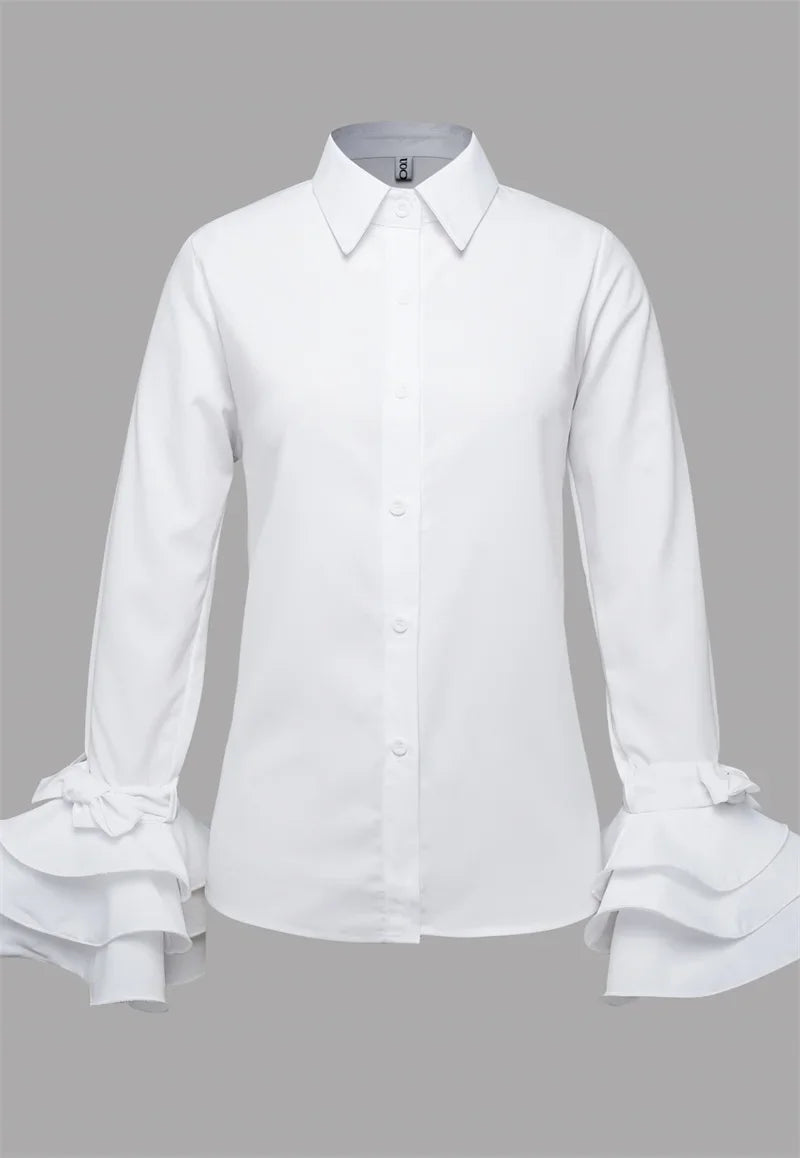 Fashion Elegant Blouses Bow-Embellished Falbala Solid Color Flared Sleeves Lapel Shirts Tops For Women