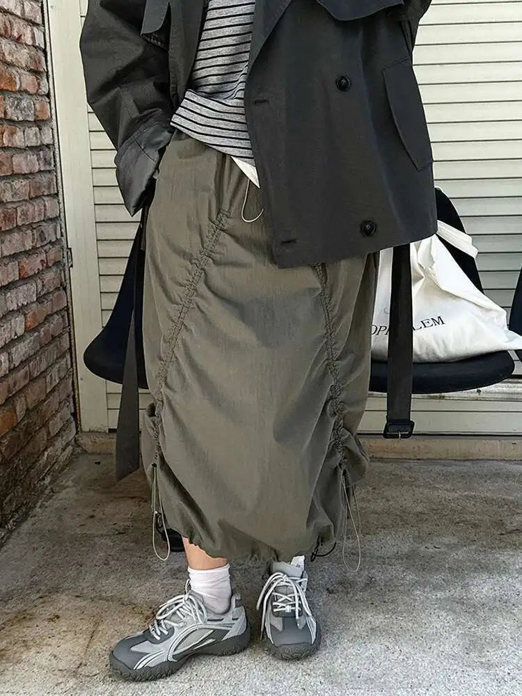 High Elastic Waist White Drawstring Irregular Casual Half-body Skirt Women Fashion Tide New Spring Autumn 2025 1DH9428