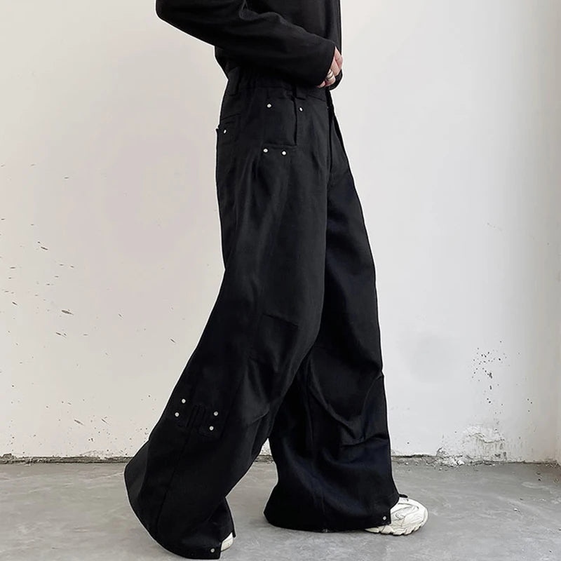 Men Pants Darkwear Pleats Loose Wide Leg Trousers Trend Solid Color Autumn Fashion Pocket Male Japanese 9A5642