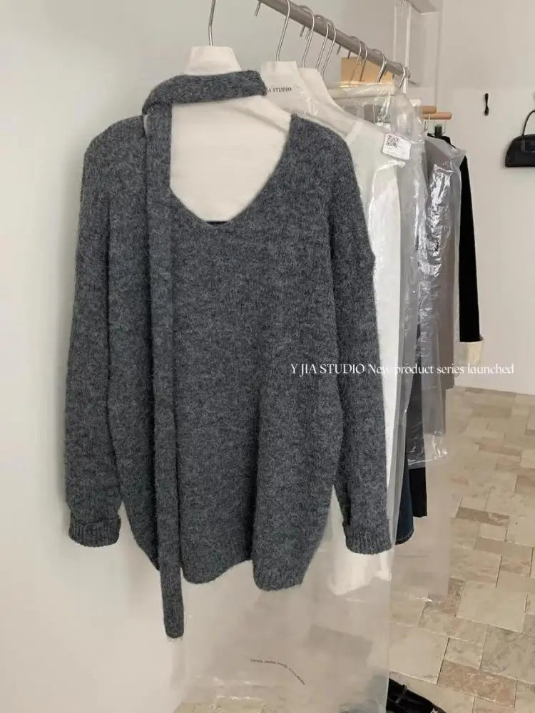 Fashion Popular 2024 Autumn Winter Women's New Solid V Neck Short Pullover Sweater French  Long Sleeve Versatile Tops Simplicity