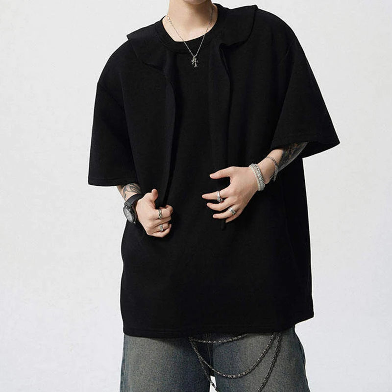 Men's T-shirts Short Sleeve Solid Color Trendy New Korean Style Tie Design Round Neck Pullover Male Clothing 9W1943