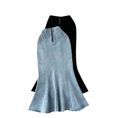 Load image into Gallery viewer, 2023 New Women Black Denim Split Long Skirts Autumn High Wasit Blue Mermaid Jeans Skirt Female A-line Ruffled Fishtail Skirt Y2k
