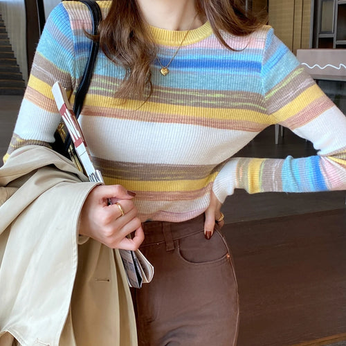 Load image into Gallery viewer, Sweet Rainbow Stripe Slim Autumn Woman Sweaters Basic y2k Cropped Top Pullover Harajuku Knitted Jumper B-046
