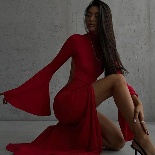 Load image into Gallery viewer, Elegant Solid O-neck Flare Sleeve Side Split Women's Dresses 2024 Spring Sexy Backless Bodycon Party Evening Vestidos
