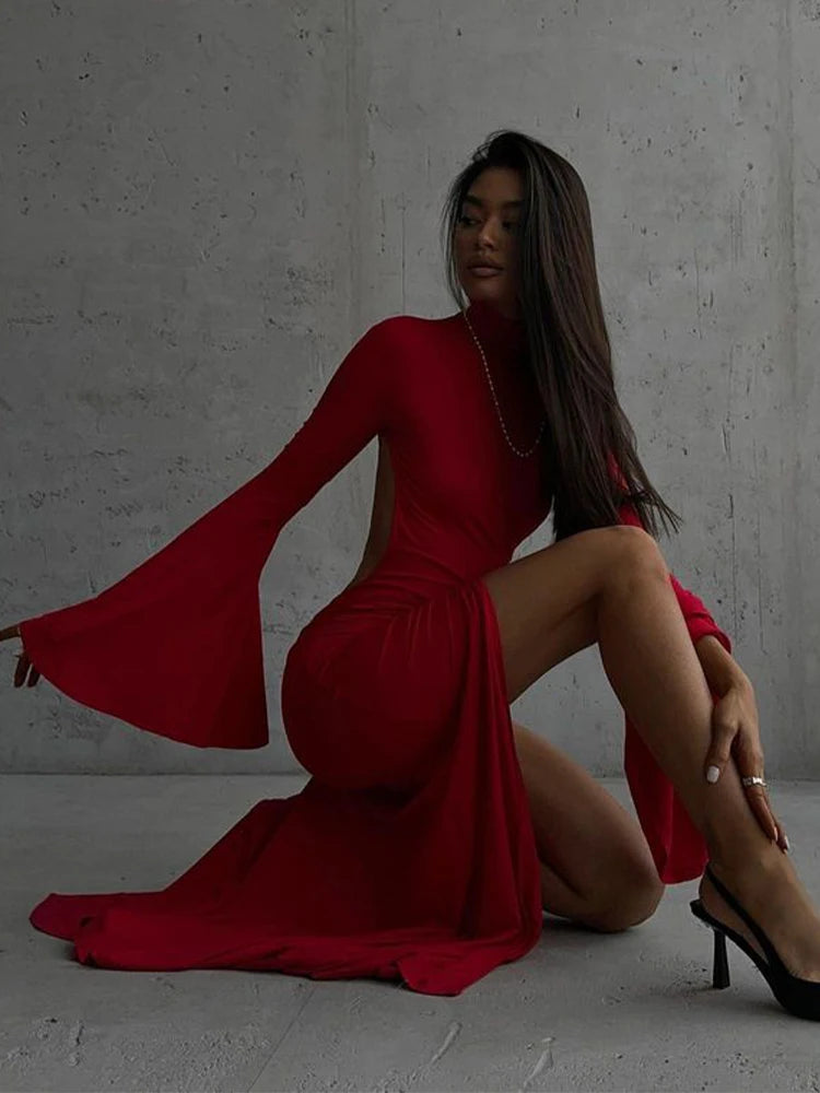 Elegant Solid O-neck Flare Sleeve Side Split Women's Dresses 2024 Spring Sexy Backless Bodycon Party Evening Vestidos