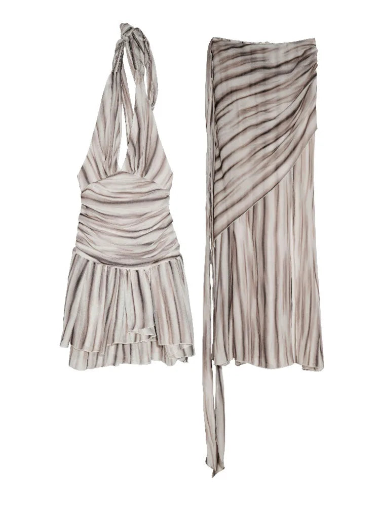 Brown Tank Top Bandage Thin Skirt Two Pieces Suit New Halter Sleeveless Women Fashion Tide Spring Summer 2025 1DJ0680