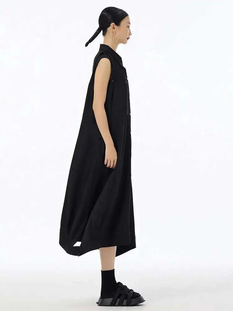 Women Army Green Button Big Size Midi Casual Shirt Dress New Lapel Sleeveless Fashion Tide Spring Summer 2025  1DH6614