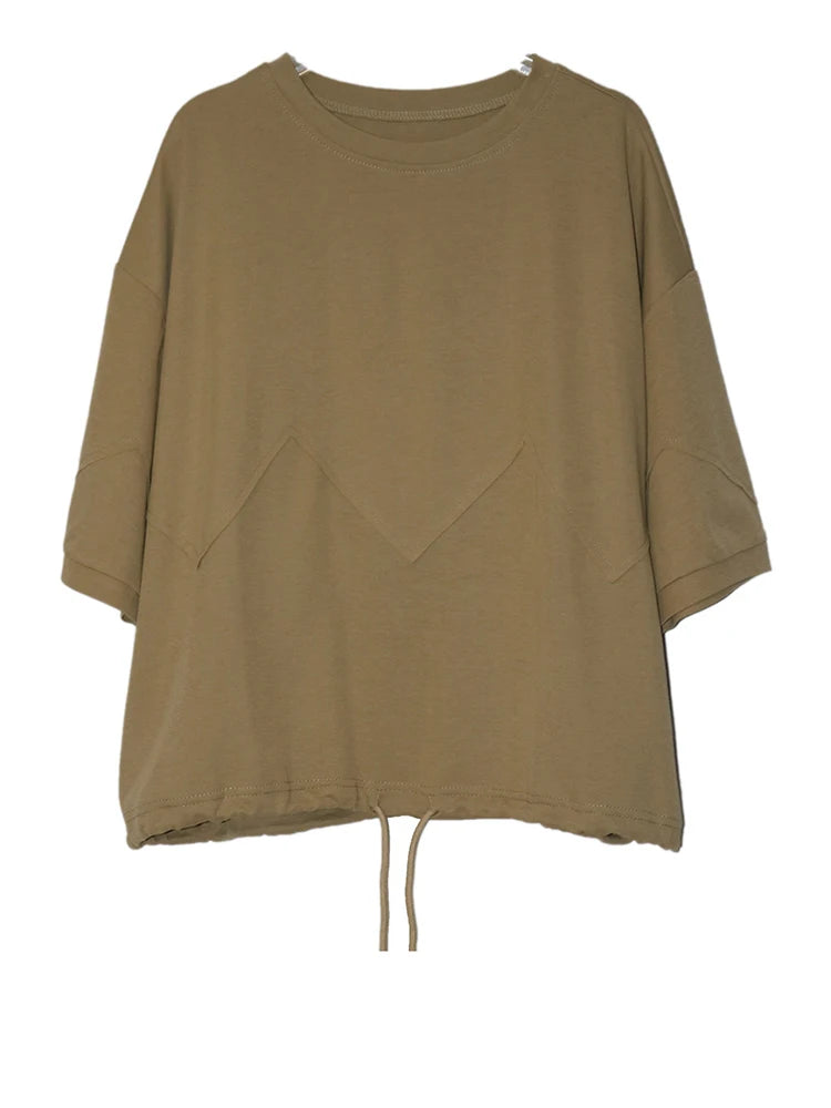 Women Black Hem Drawstring Spliced Big Size T-shirt New Round Neck Short Sleeve Fashion Tide Spring Summer 2025 1DJ1221