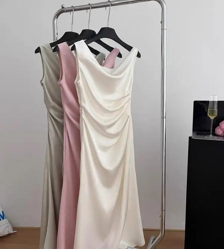 Summer White Pink Elegant Office Pleated Long Dresses Women Fashion Green Sleeveless Swinging Neck Slim Vest Dress Vestidos