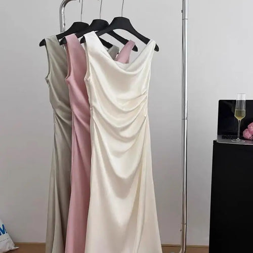 Load image into Gallery viewer, Summer White Pink Elegant Office Pleated Long Dresses Women Fashion Green Sleeveless Swinging Neck Slim Vest Dress Vestidos
