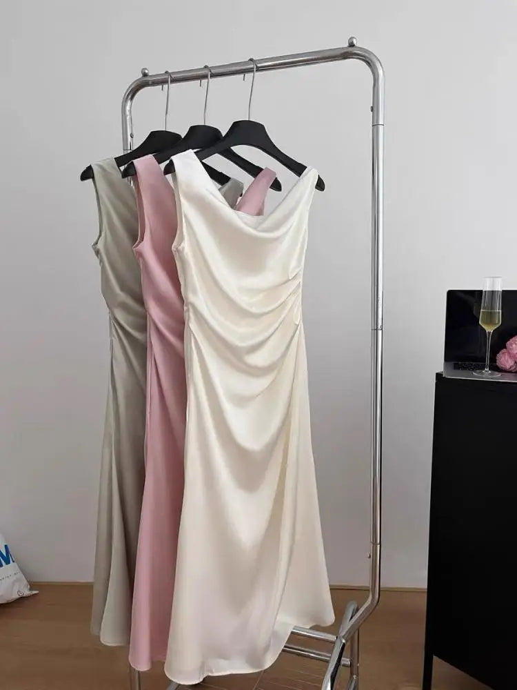 Summer White Pink Elegant Office Pleated Long Dresses Women Fashion Green Sleeveless Swinging Neck Slim Vest Dress Vestidos