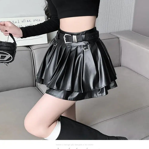 Load image into Gallery viewer, Black With Belt Pleated Pu Leather Ball Gown Skirt Women Autumn Winter 2023 New Silvery High Waist Slim A-line Short Puffy Skirt

