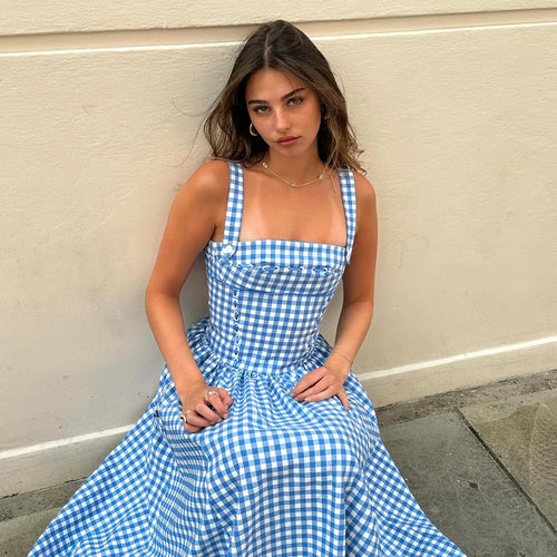 Load image into Gallery viewer, Summer Elegant and Beautiful Women Dresses 2024 Midi Blue and White Plaid Dress with Pocket Female Vacation Dress

