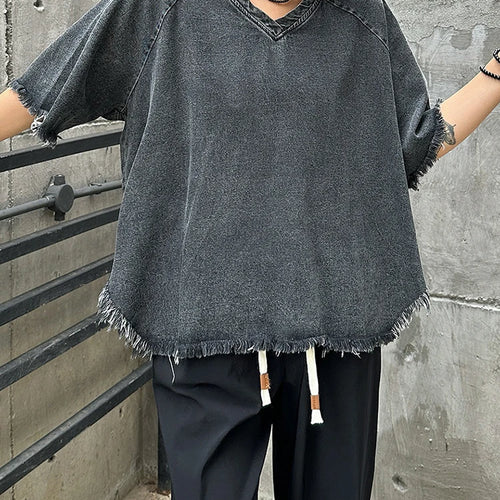 Load image into Gallery viewer, Women Black Denim Burr Irregular Big Size Casual T-shirt New V-Neck Half Sleeve Fashion Tide Spring Summer 2025 1DJ1392
