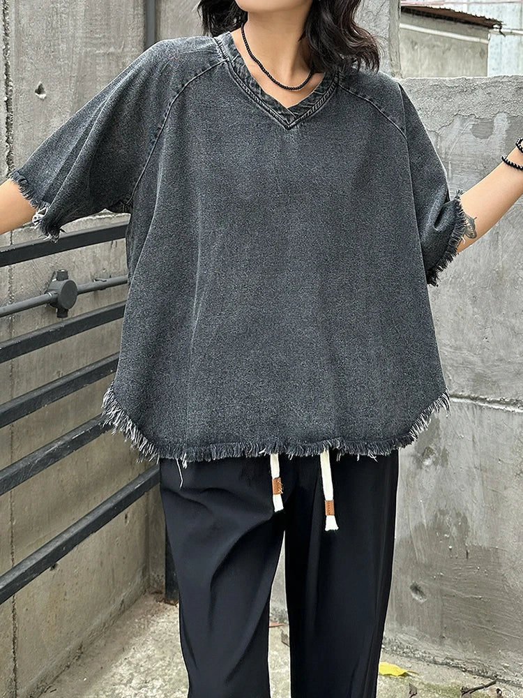 Women Black Denim Burr Irregular Big Size Casual T-shirt New V-Neck Half Sleeve Fashion Tide Spring Summer 2025 1DJ1392