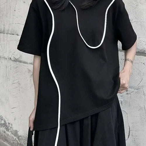 Load image into Gallery viewer, Women Black Color-block Irregular Big Size T-shirt New Round Neck Short Sleeve Fashion Tide Spring Summer 2025 1DF9655
