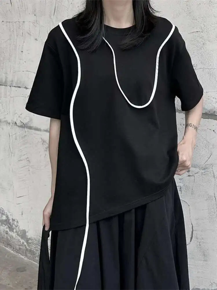 Women Black Color-block Irregular Big Size T-shirt New Round Neck Short Sleeve Fashion Tide Spring Summer 2025 1DF9655