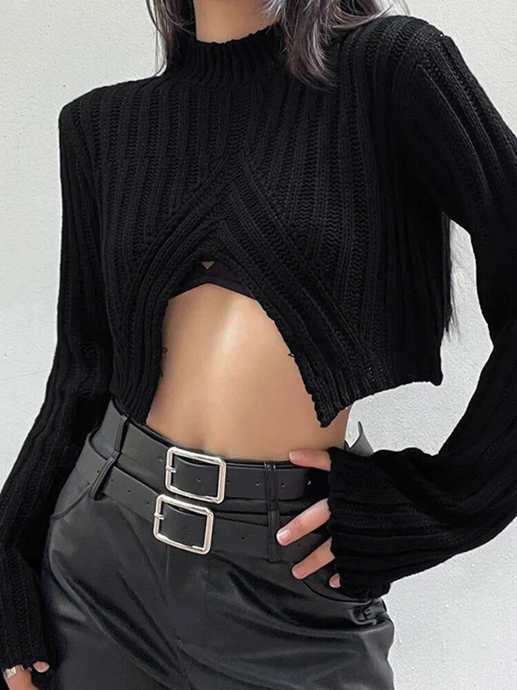 Solid Split Hem Sexy Knitting Sweaters For Women Half High Collar Flare Sleeve Chic Sweater Female Fashion Clothing