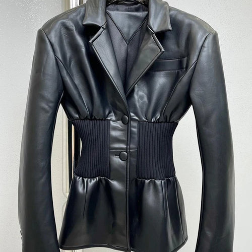Load image into Gallery viewer, Black Pu Leather Elastic Waist Big Size Jacket New Lapel Long Sleeve Women Coat Fashion Tide Spring Autumn 2025 1DF3853
