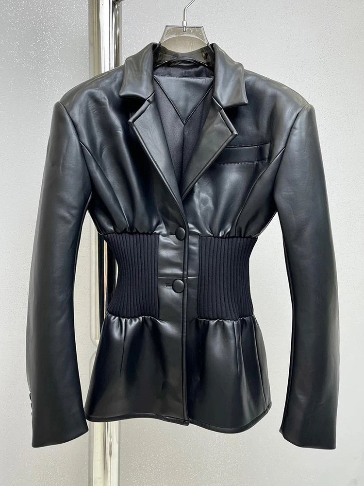 Black Pu Leather Elastic Waist Big Size Jacket New Lapel Long Sleeve Women Coat Fashion Tide Spring Autumn 2025 1DF3853