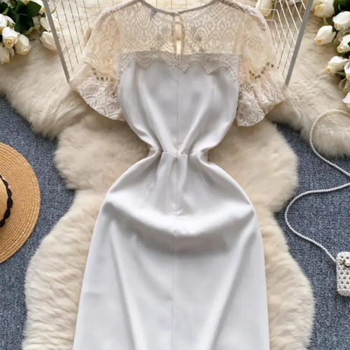 Load image into Gallery viewer, Summer Beige Lace Patchwork Sexy Club Mini Dress French Women Black Diamond Hollow Out High Waist Party Short Dresses 2024 New
