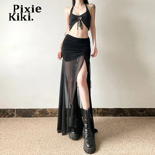 Load image into Gallery viewer, Street Fashion Patchwork Mesh Skirts for Women Sexy Black High Split Long Skirt Summer Y2k Clothing P94-CD22
