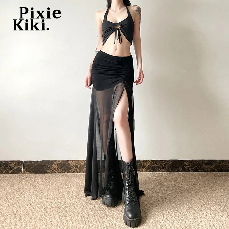 Street Fashion Patchwork Mesh Skirts for Women Sexy Black High Split Long Skirt Summer Y2k Clothing P94-CD22