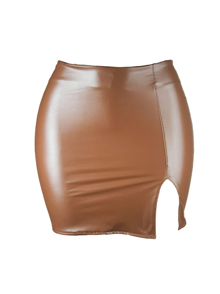 Women Leather Night Clubwear Skirts Summer Pure Color PU-leather Zipper Sexy Hip Leather Mini Skirts
