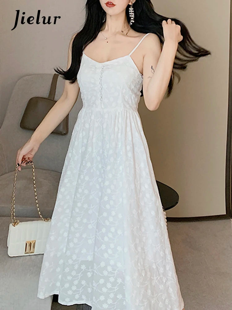 White Spaghetti Strap Elegant Women's Dresses Solid Color Printed Sleeveless Chic Dress Korean Style Female Evening Dress