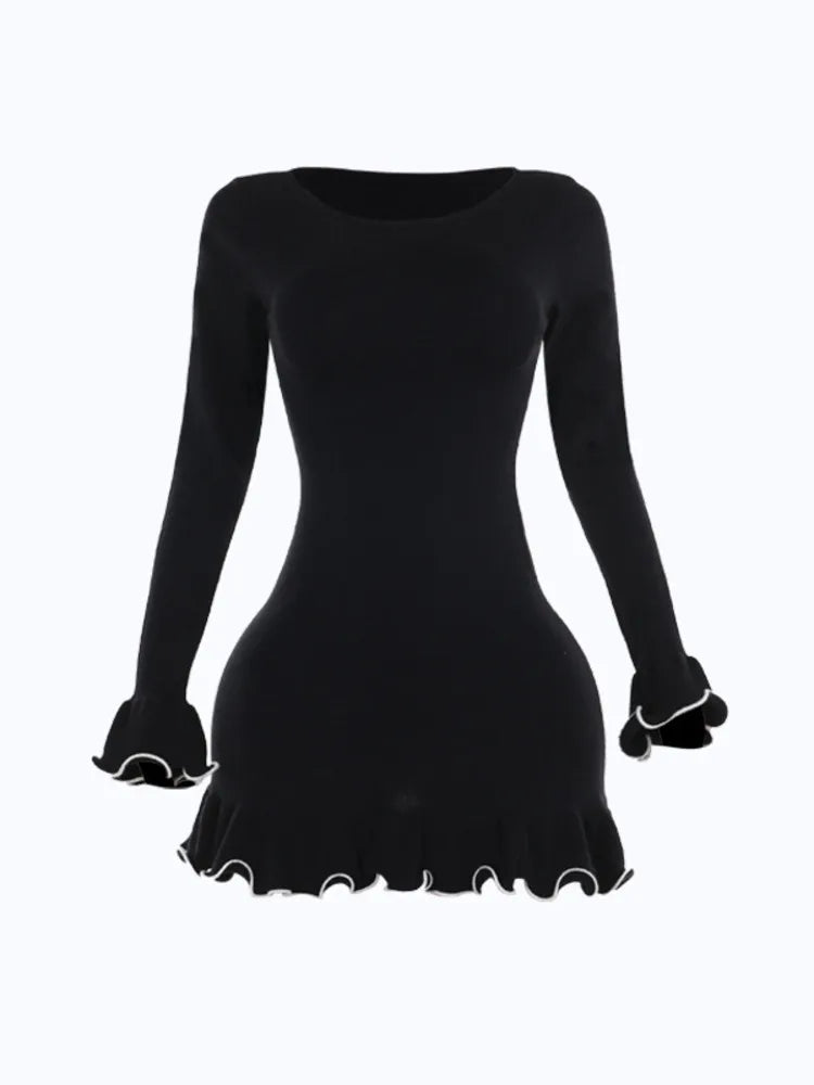 Elegant Long Sleeved Elastic Tight Women Short Skirt 2024 Autumn New Wave Roll Wool Dress Fashion Street  Evening Dress