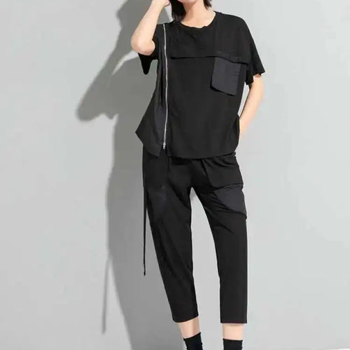 Load image into Gallery viewer, Women Black Zipper Pockets Casual Big Size T-shirt New Round Neck Short Sleeve Fashion Tide Spring Summer 2025 1DF5303
