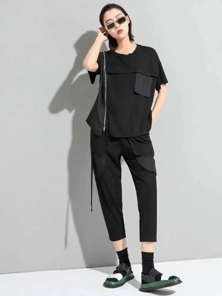 Women Black Zipper Pockets Casual Big Size T-shirt New Round Neck Short Sleeve Fashion Tide Spring Summer 2025 1DF5303