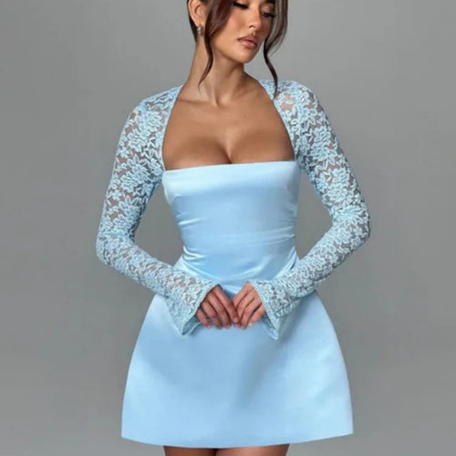 Load image into Gallery viewer, Lace Long Sleeve Sexy Mini Dress For Women Robe Square Collar Backless A-line High Waist Club Party Sexy Dress Fashion
