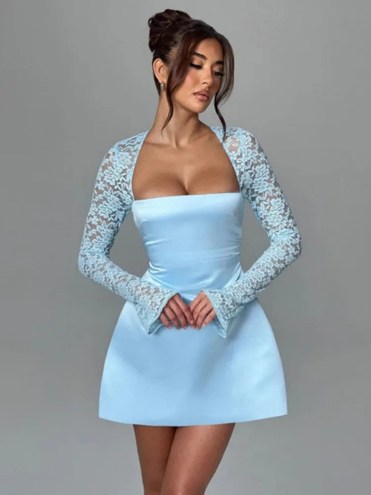 Lace Long Sleeve Sexy Mini Dress For Women Robe Square Collar Backless A-line High Waist Club Party Sexy Dress Fashion